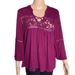 Cato Women's Size Large Blouse Crochet Accent 3/4 Bell Sleeve Purple Pullover